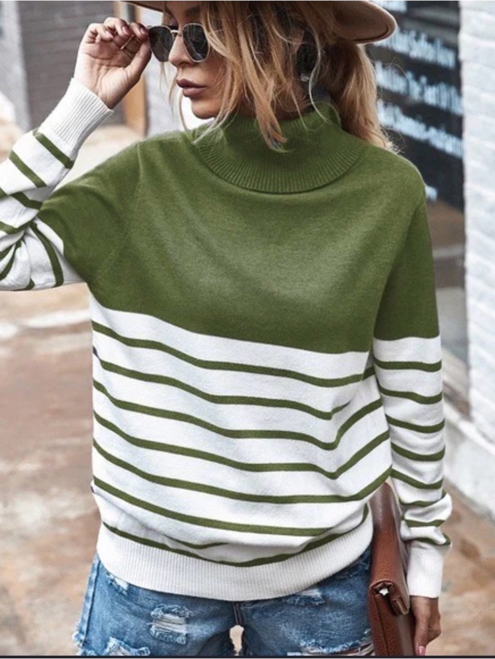 KIRUNDO Women’s Olive and White Turtleneck Knitted Sweater XL